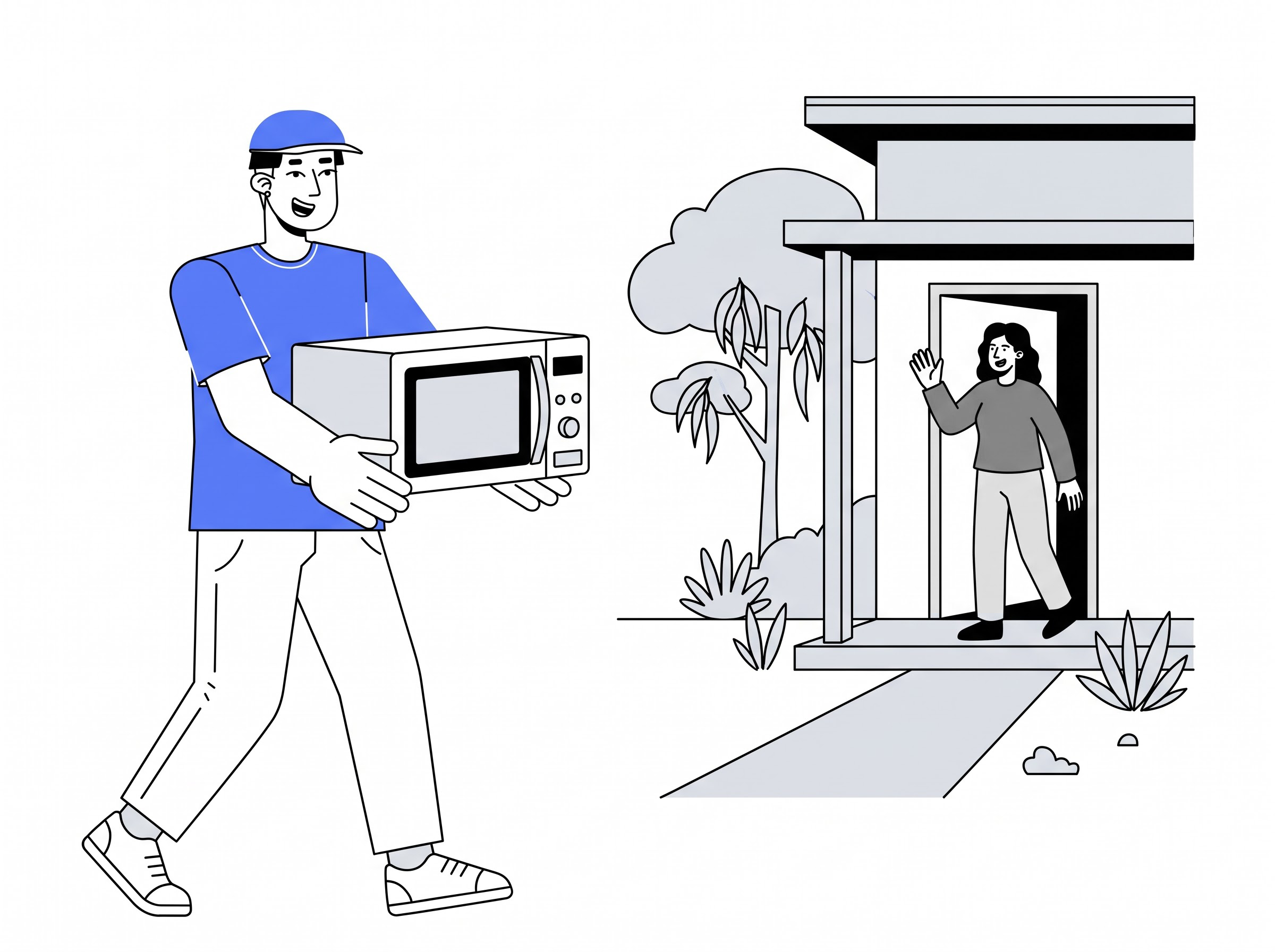 Delivery partner moving a microwave into a home