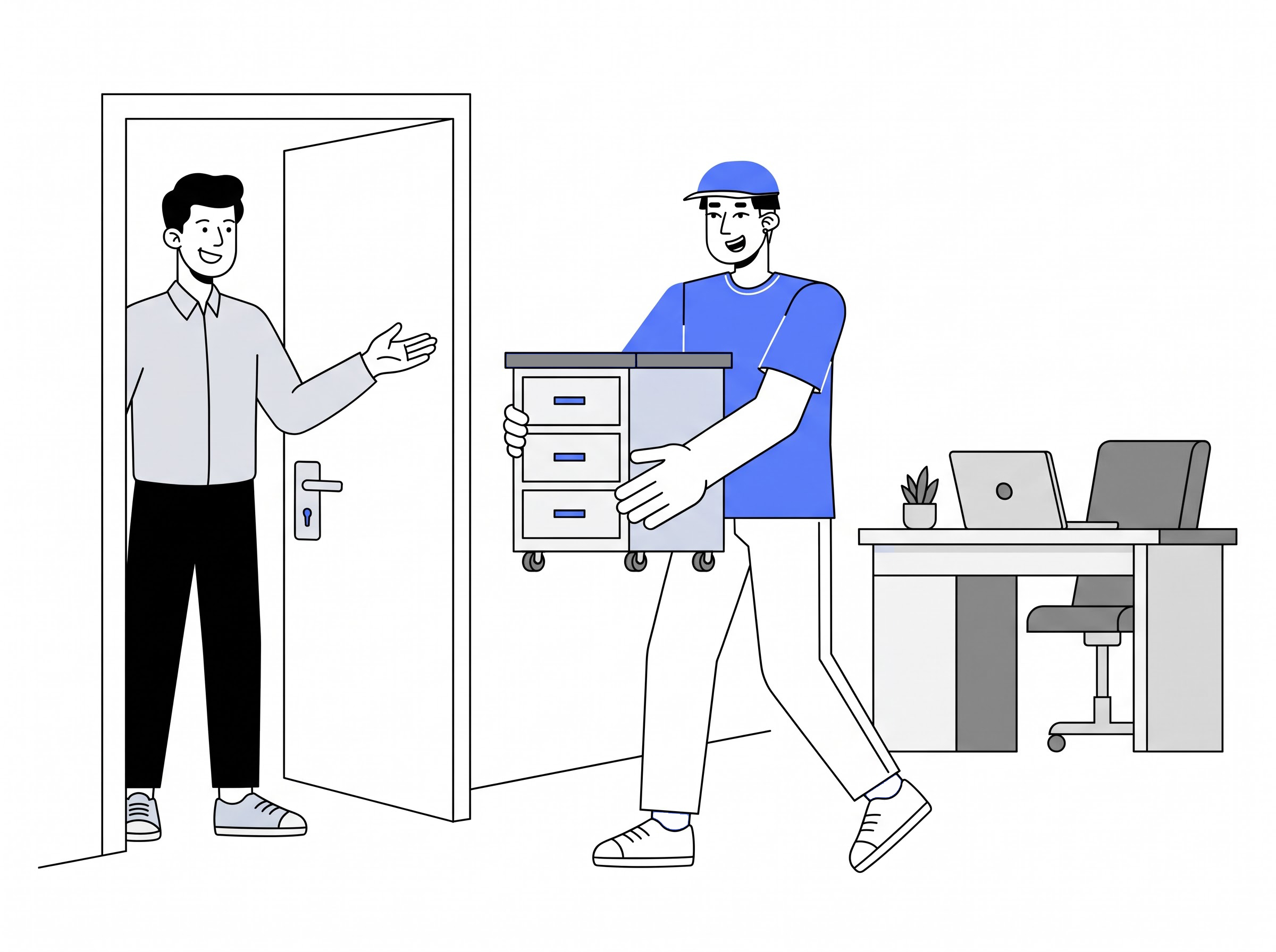 Delivery partner moving a pedestal drawer into a home
