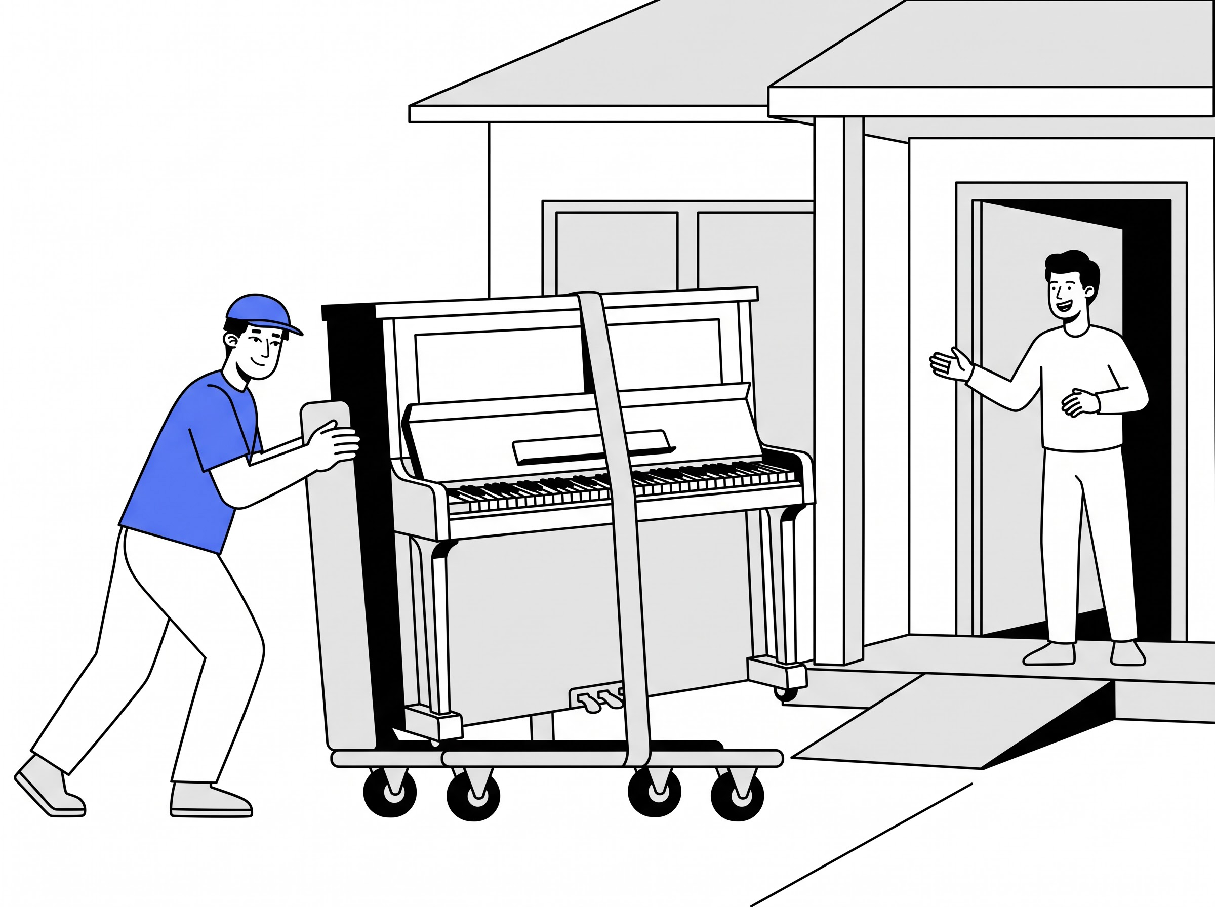 Delivery partner moving a piano on a trolley to a home for piano moving