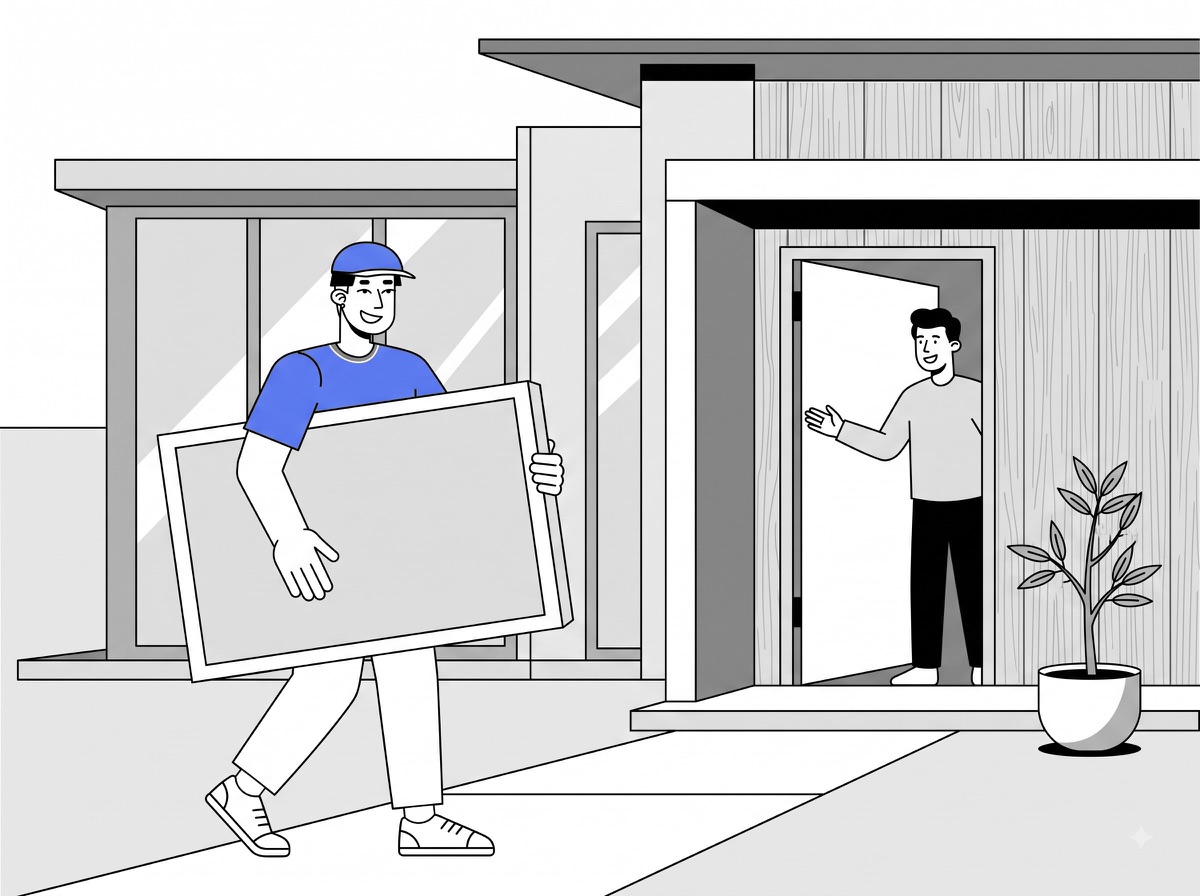 Delivery partner carrying a framed picture to a home for picture and painting carton delivery