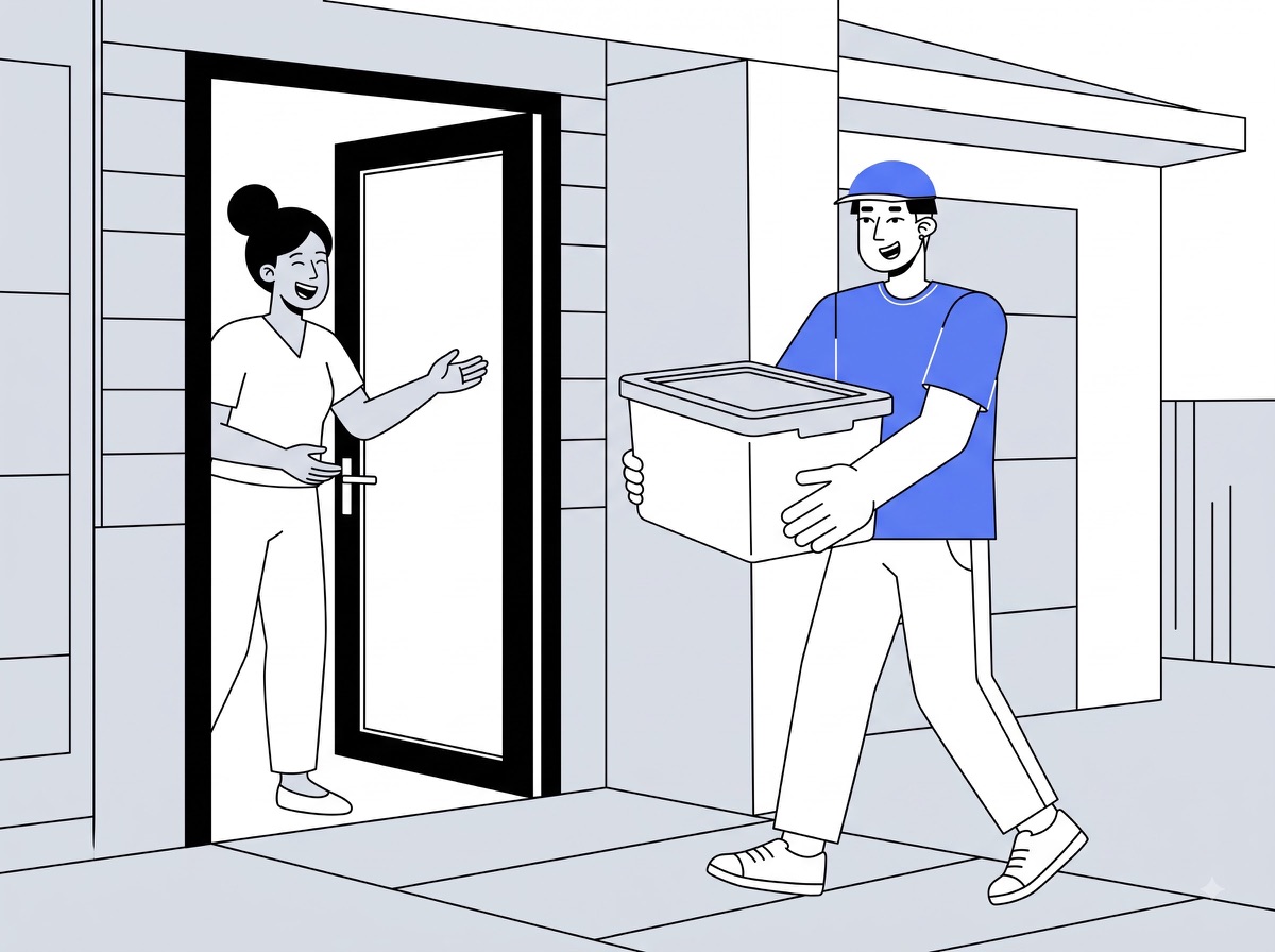 Delivery partner carrying a plastic storage tub to a home for plastic tub delivery