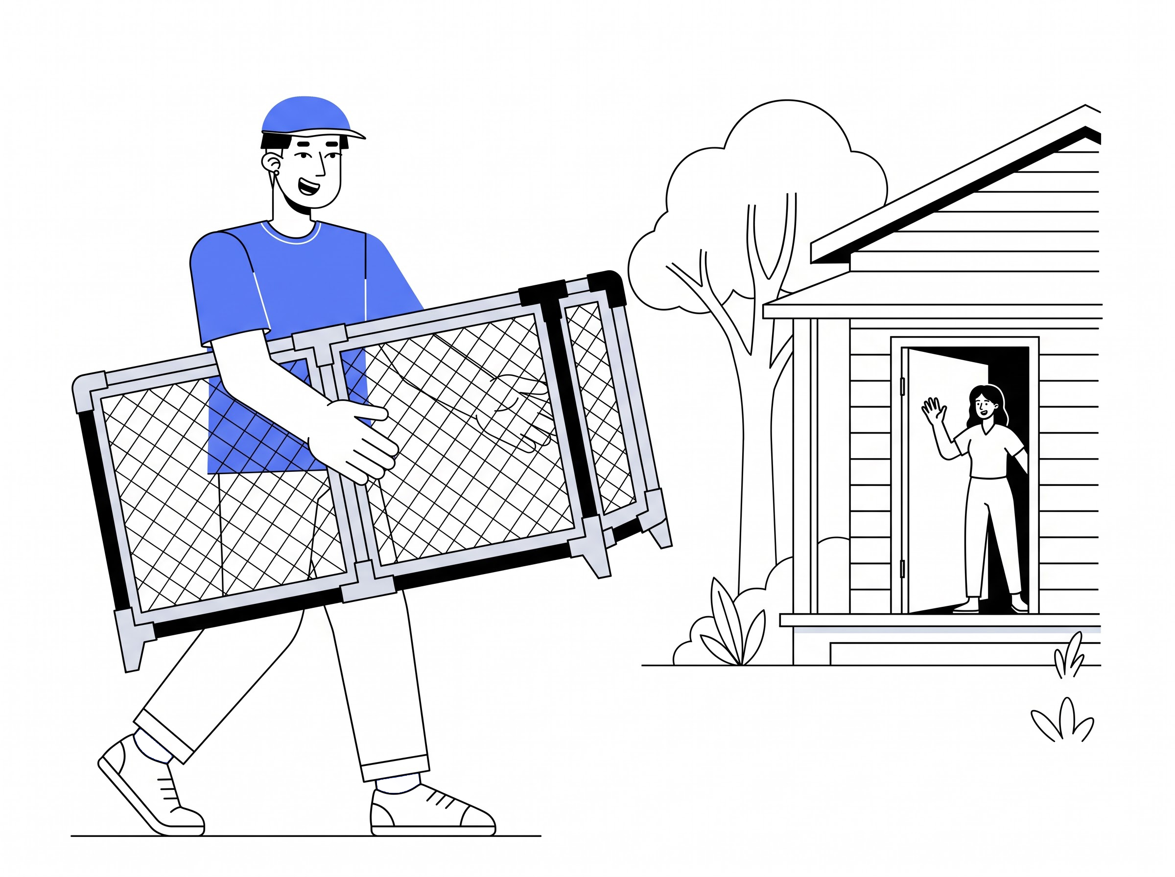 Delivery partner carrying a folded playpen to a home for playpen delivery