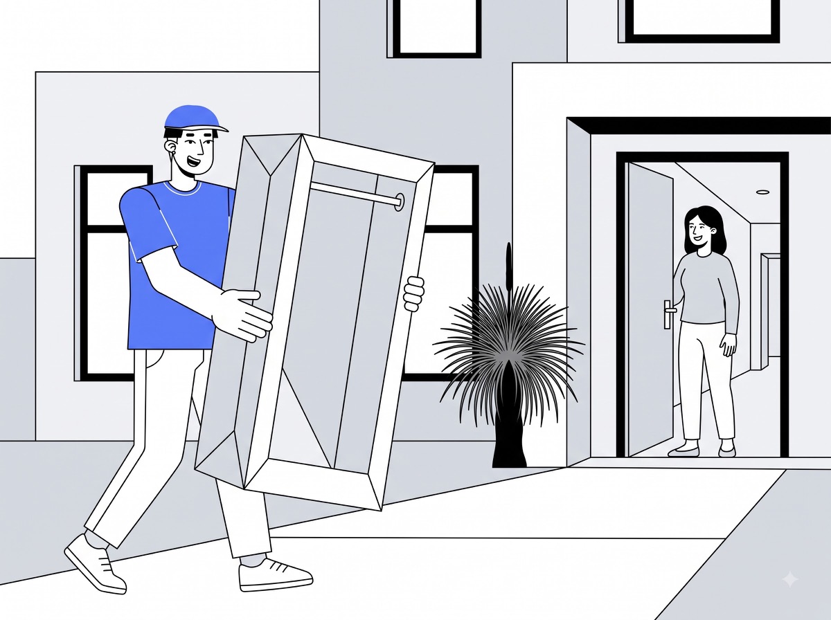 Delivery partner carrying a port a robe to a home for port a robe delivery