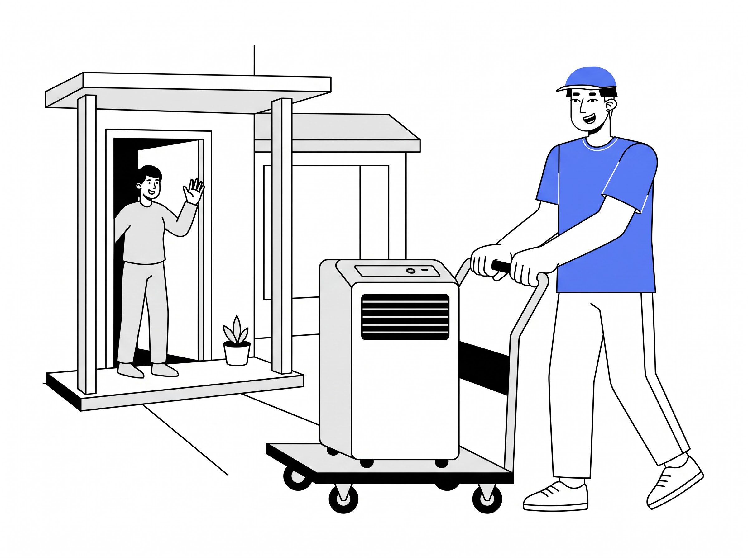 Delivery partner moving a portable air conditioner into a home