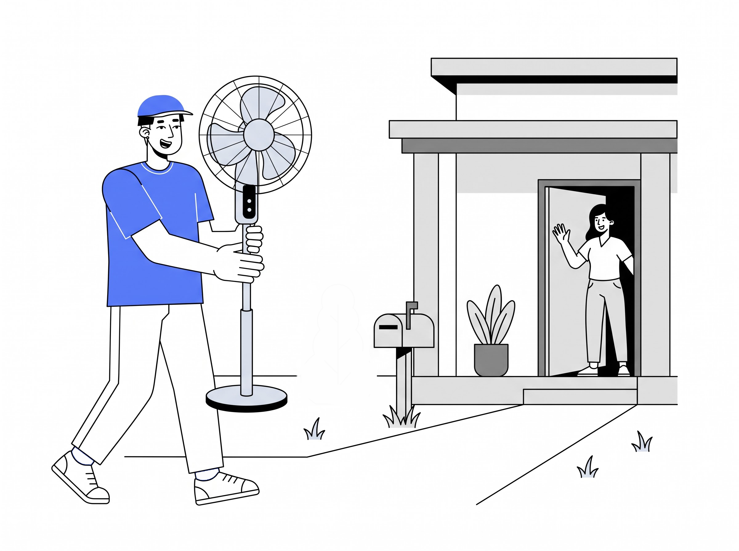 Delivery partner moving a portable fan into a home
