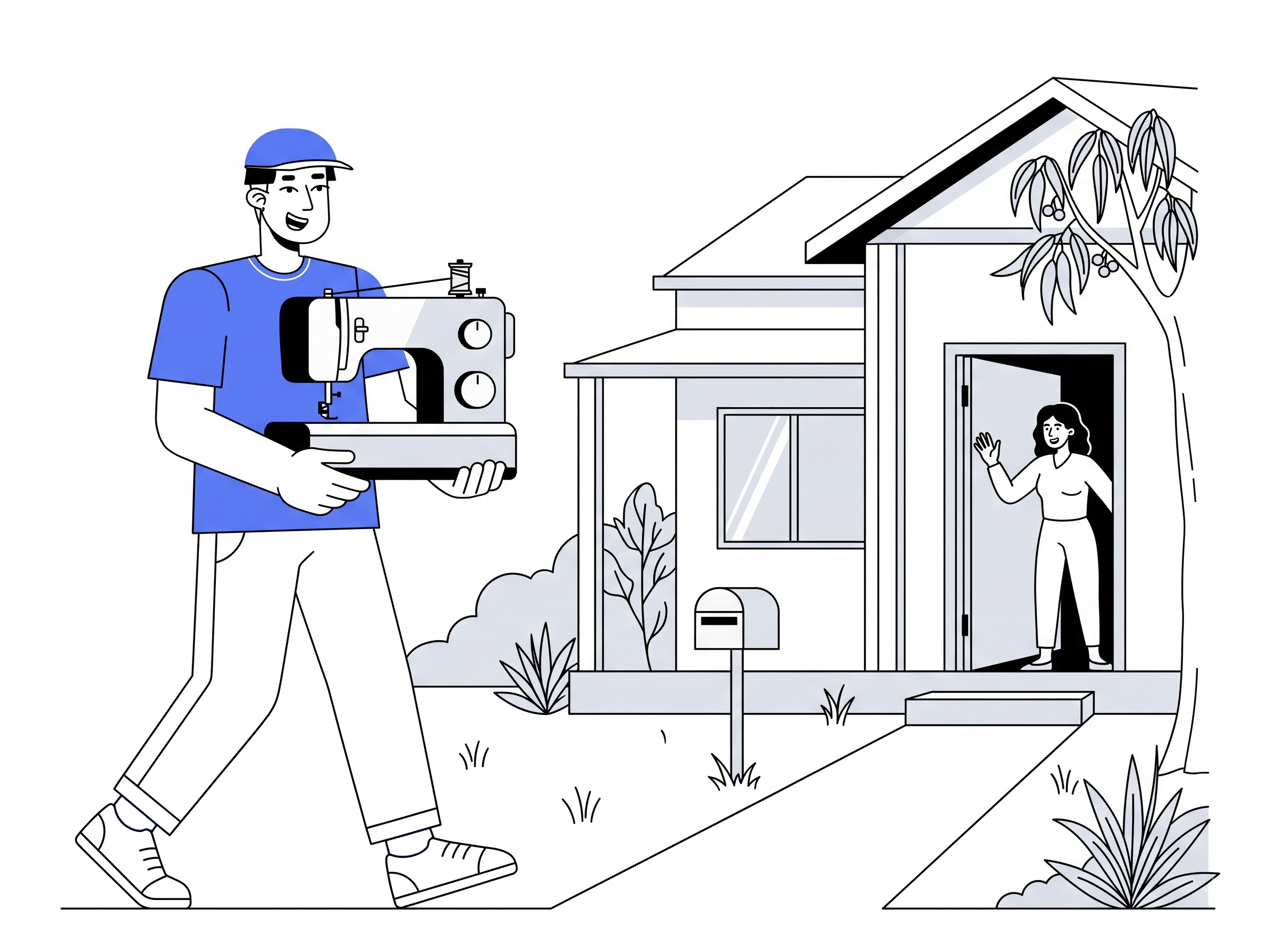 Delivery partner carrying a sewing machine to a home for sewing machine delivery