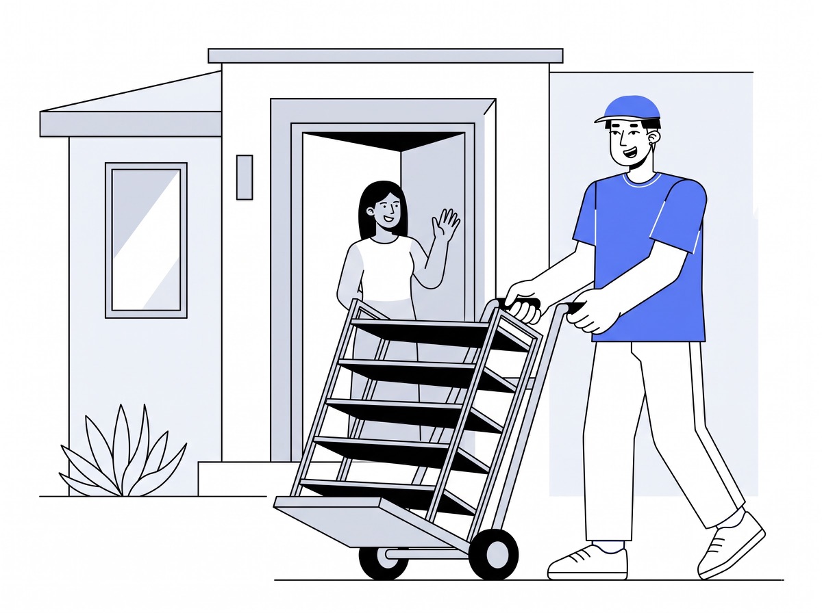 Delivery partner wheeling a shoe rack to a home for shoe rack delivery