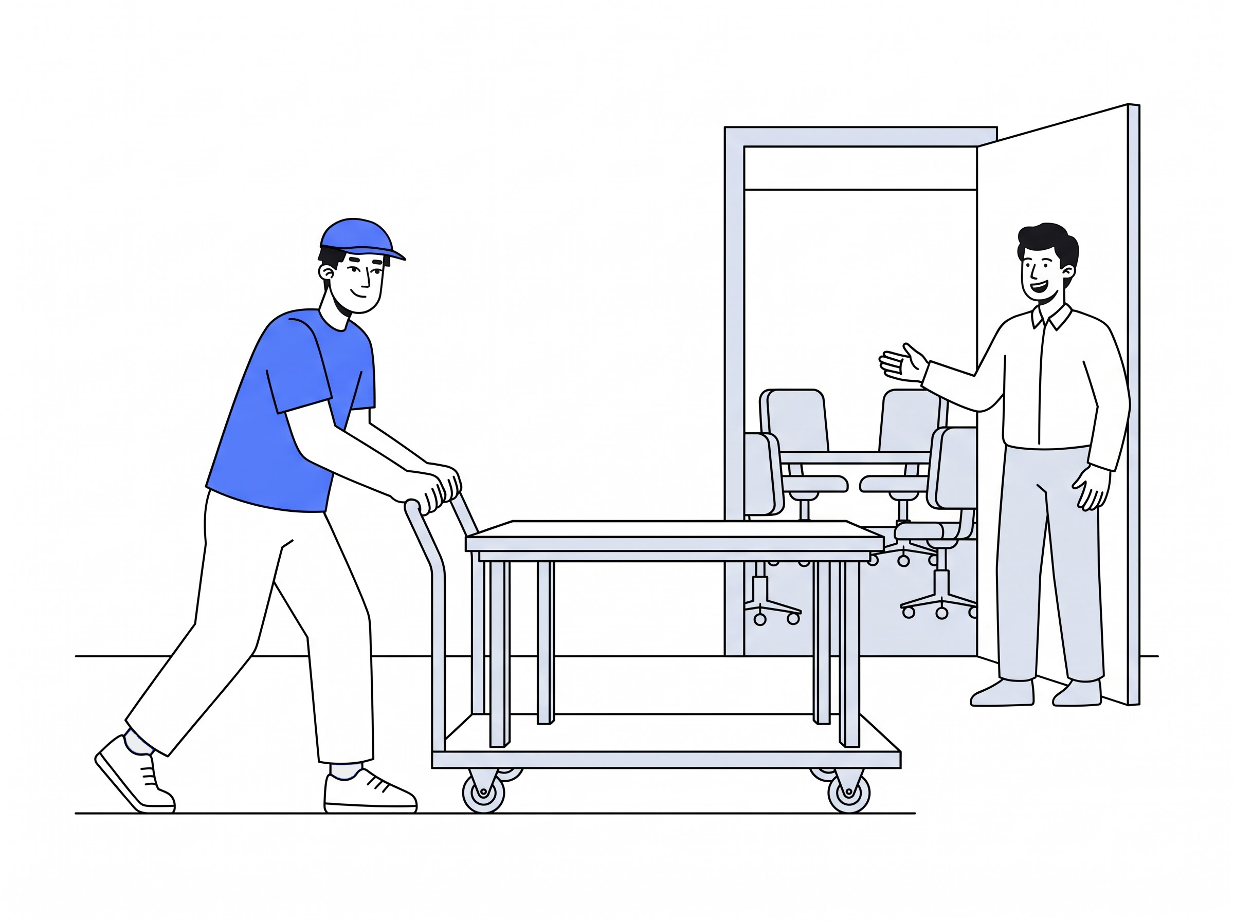 Delivery partner moving a small boardroom table into a home