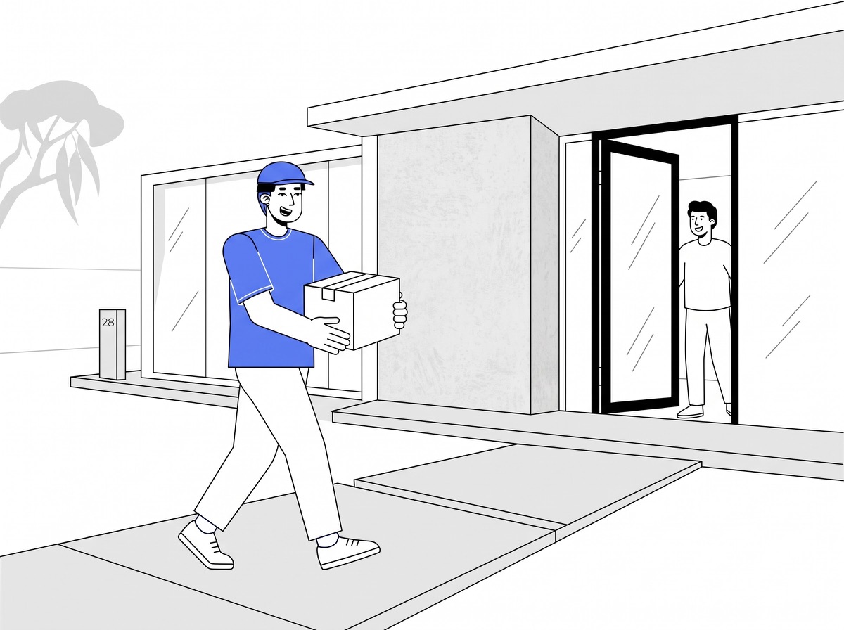 Delivery partner carrying a small box to a home for small box delivery