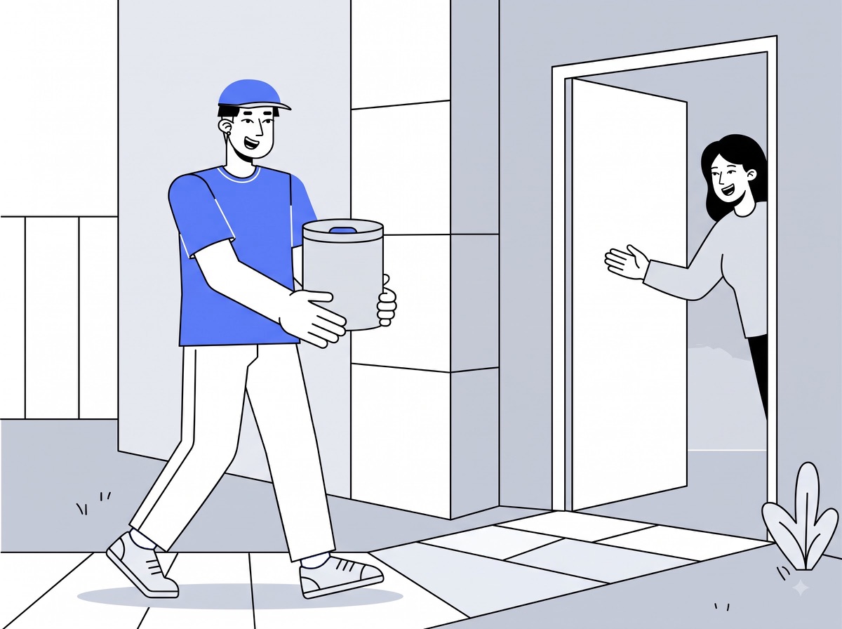 Delivery partner carrying a small dustbin to a home for small dustbin delivery