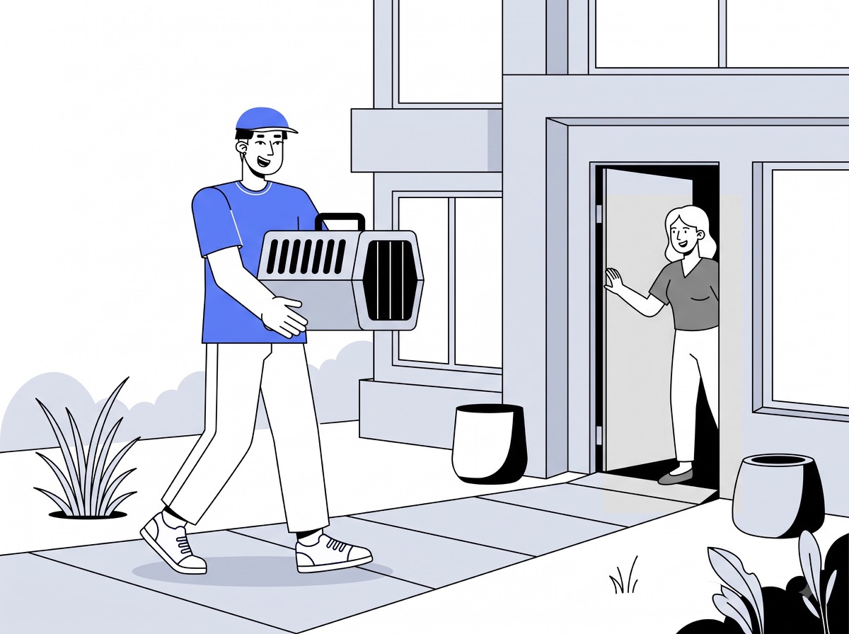 Delivery partner carrying a small pet carrier to a home for small pet carrier delivery