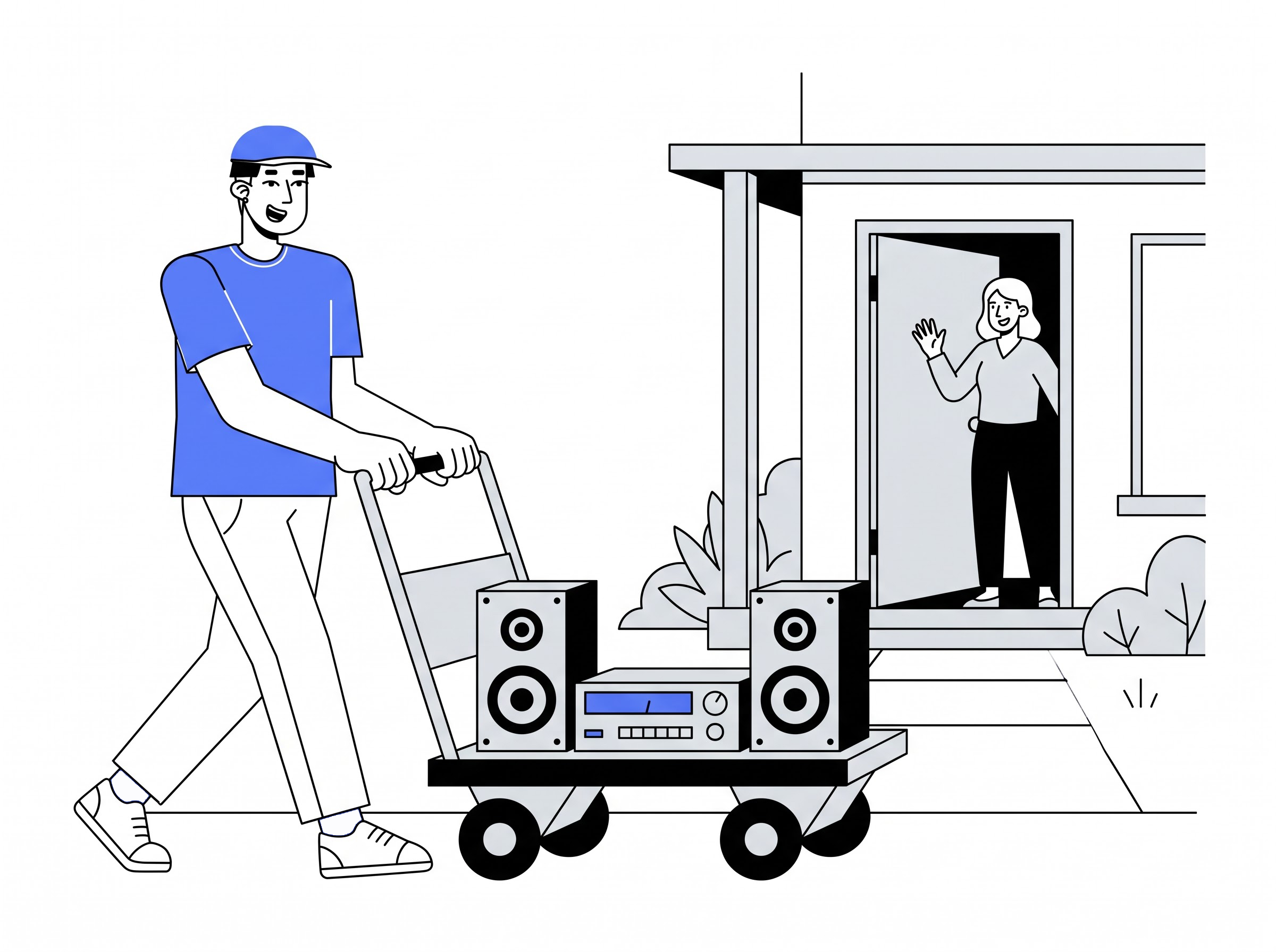 Delivery partner moving a sound system into a home