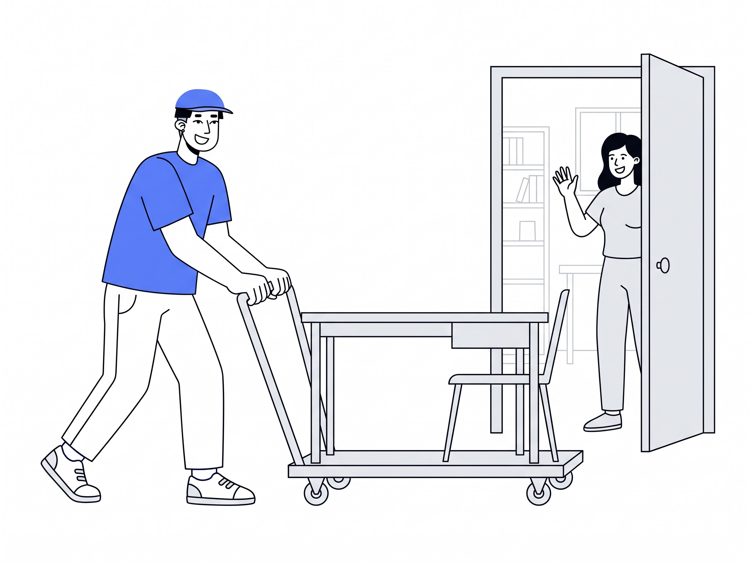 Delivery partner moving a study office desk into a home
