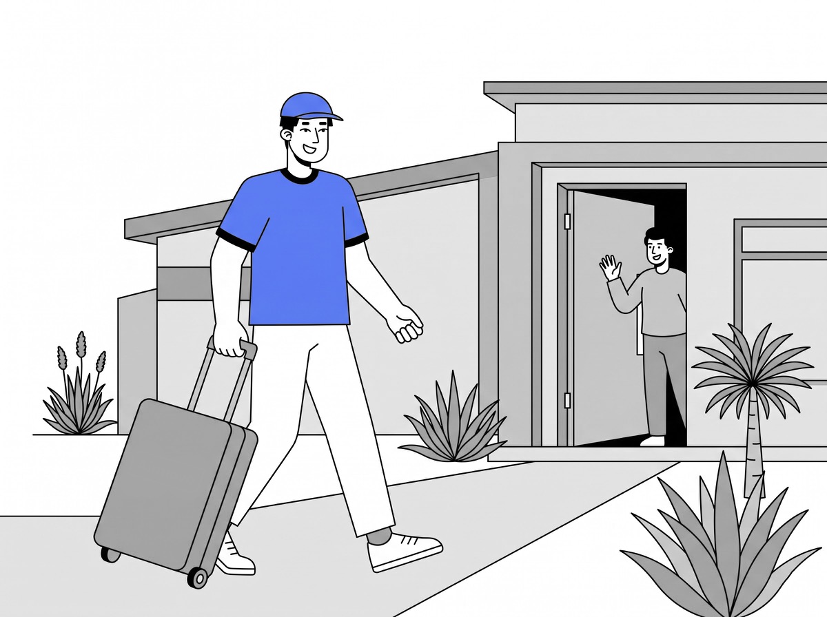 Delivery partner wheeling a suitcase to a home for suitcase delivery