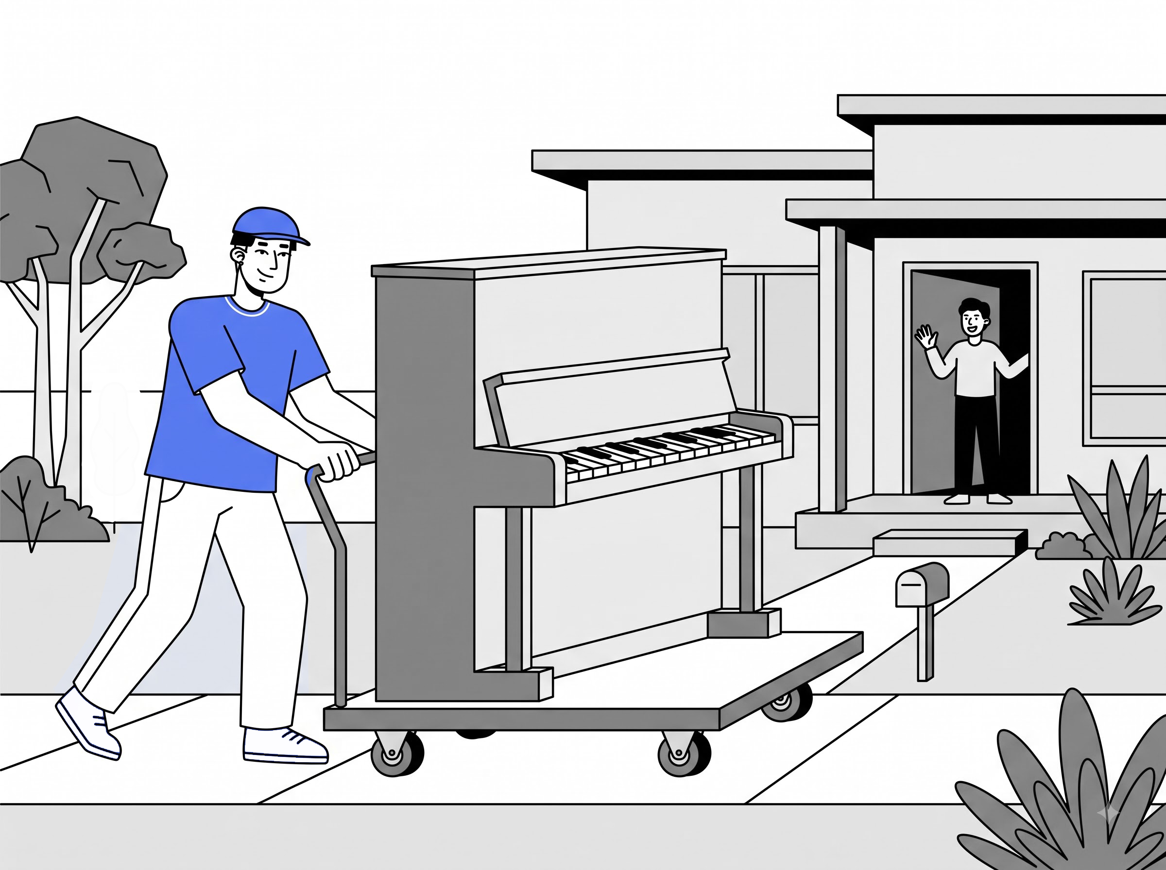 Delivery partner moving an upright piano on a trolley to a home