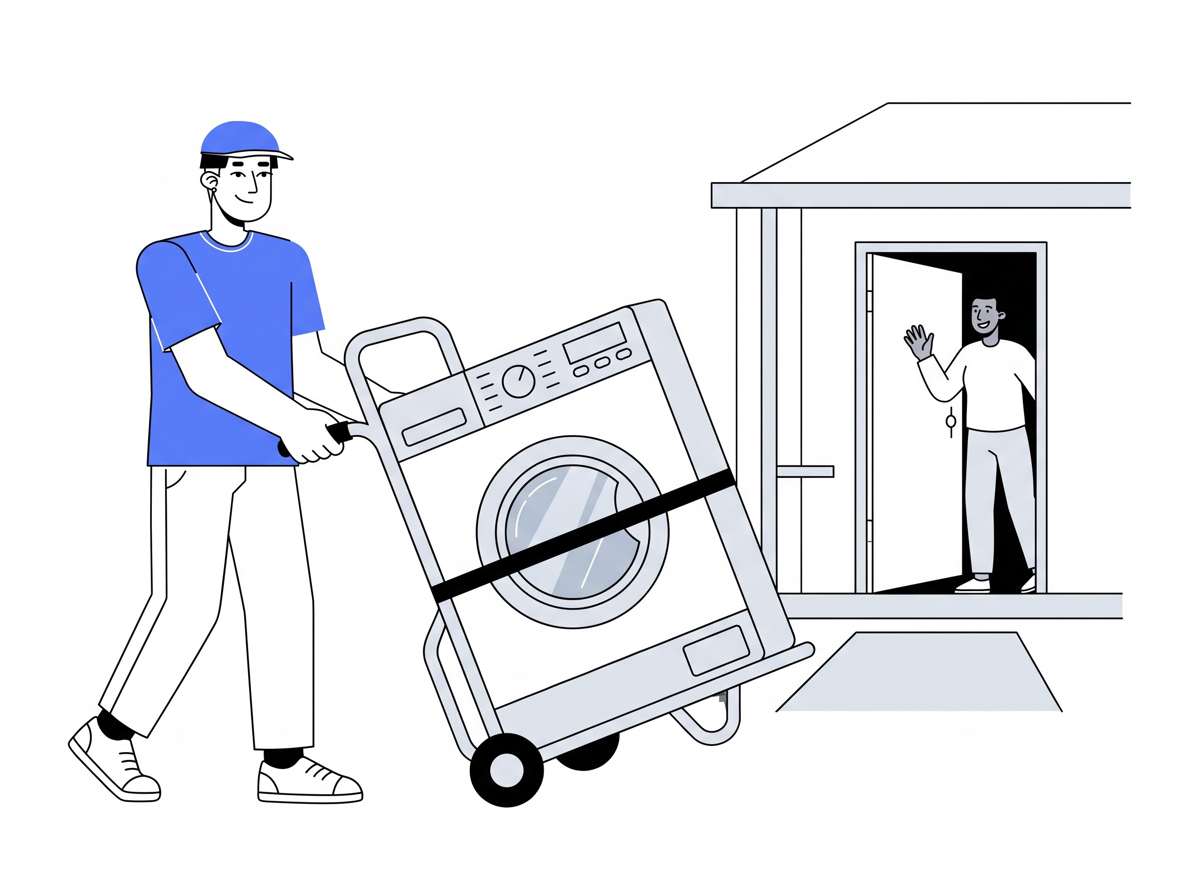 Delivery partner moving a washing machine into a home