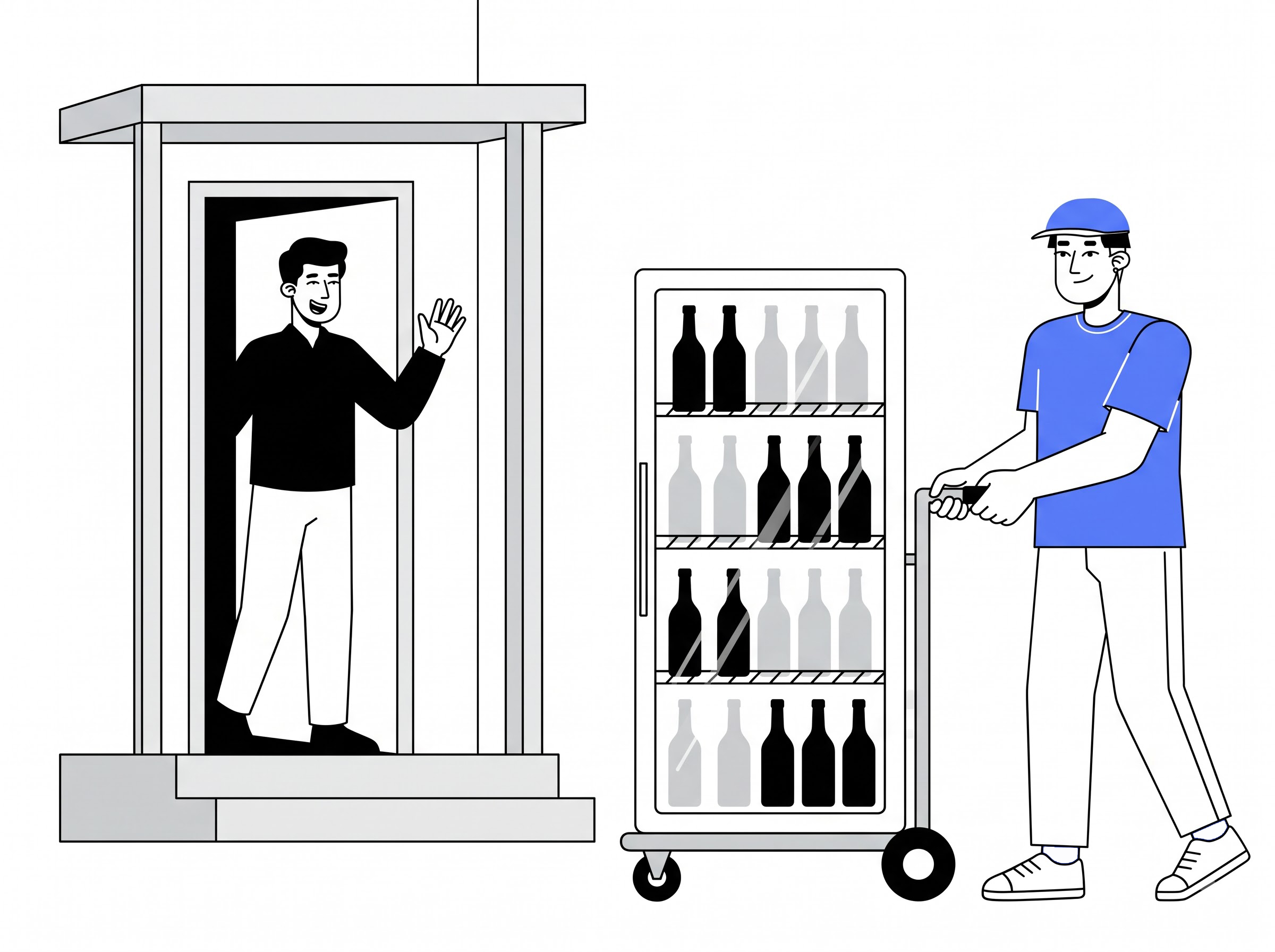 Delivery partner moving a wine fridge into a home